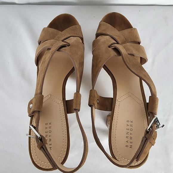 Barneys New York Brown Suede Strappy Leather Block Heel Platform Sandal Size 8 - Picture 3 of 11